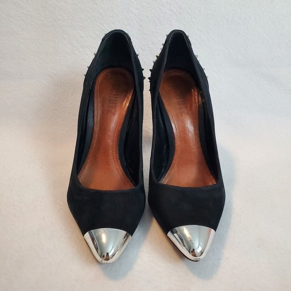 Schutz Black Leather Pointed Toe Slip On Silver Spikes and Stiletto Heel Sz 6.5B - Picture 2 of 8